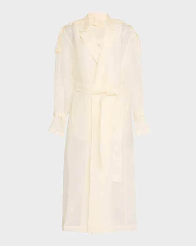 Feather-Cuff Organza Relaxed Trench Coat